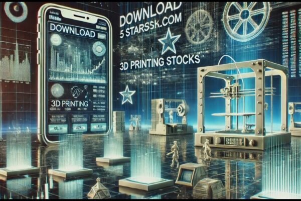 A 3D graphic depicting stock charts and 3D printing elements, symbolizing investment opportunities in 3D printing stocks.