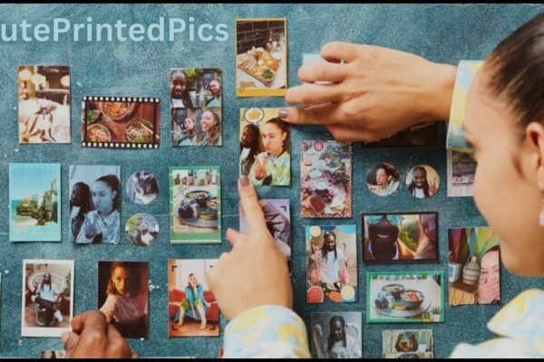 A collection of printed photographs arranged in a heartfelt display, featuring portraits and memorable moments of loved ones.